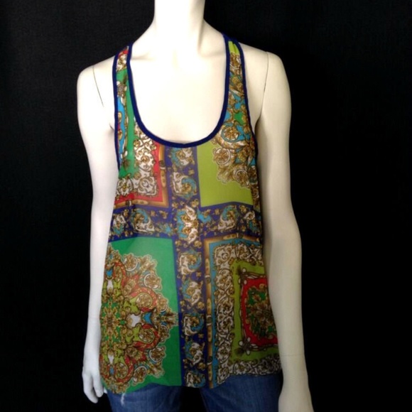 Ladies Sheer Polyester Printed Blue Multicolor Racer Back Tank By Soprano Size S - Picture 9 of 9